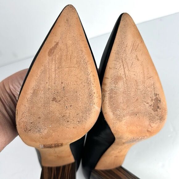 Pour La Victoire Black Leather Pointy Toe Pumps High Striped Block Heels sz 8,5 - Picture 9 of 14